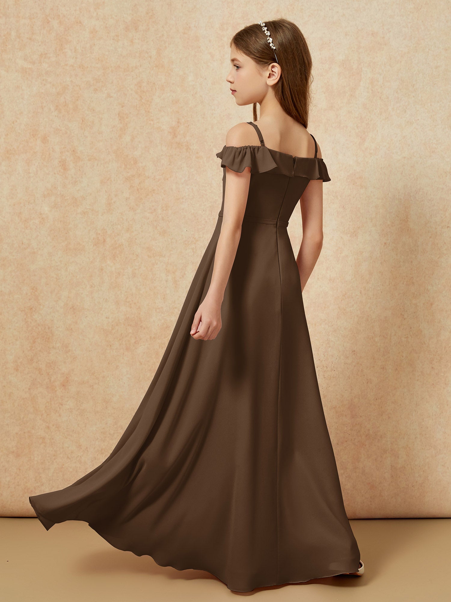Off-the-shoulder A-Line Junior Bridesmaid Dresses Brown